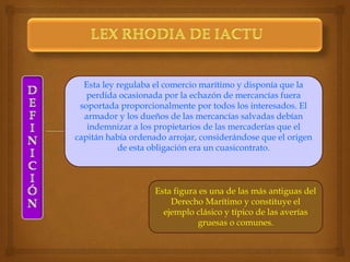 Esta ley regulaba el comercio marítimo y disponía que la
perdida ocasionada por la echazón de mercancías fuera
soportada proporcionalmente por todos los interesados. El
armador y los dueños de las mercancías salvadas debían
indemnizar a los propietarios de las mercaderías que el
capitán había ordenado arrojar, considerándose que el origen
de esta obligación era un cuasicontrato.
Esta figura es una de las más antiguas del
Derecho Marítimo y constituye el
ejemplo clásico y típico de las averías
gruesas o comunes.
 