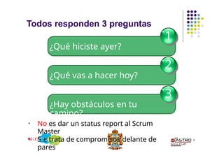 Todos responden 3 preguntas
• No es dar un status report al Scrum
Master
• S e trata de compromisos delante de
pares
1
¿Qué hiciste ayer?
2
¿Qué vas a hacer hoy?
3
¿Hay obstáculos en tu
camino?
5
 