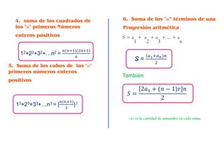 4. suma de los cuadrados de
los "n" primeros Números
enteros positivos
12+22+32+…n2 =
)𝑛𝑛(𝑛𝑛+1)(2𝑛𝑛+1
6
5. Suma de los cubos de los "n"
primeros números enteros
positivos
13+23+33+…n3 = [
𝑛𝑛(𝑛𝑛+1)
2
]2
6. Suma de los "n“ términos de una
Progresión aritmética
S = a
1
+ a
2
+ a
3
+ ... + a
n
S =
( 𝑎𝑎1+𝑎𝑎𝑛𝑛)𝑛𝑛
2
También
𝑆𝑆 =
[2𝑎𝑎1 + (𝑛𝑛 − 1)𝑟𝑟]𝑛𝑛
2
«n» es la cantidad de sumandos en cada suma.
 