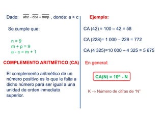 Dado: , donde: a > cmnpcbaabc =−
Se cumple que:
n = 9
m + p = 9
a - c = m + 1
COMPLEMENTO ARITMÉTICO (CA)
El complemento aritmético de un
número positivo es lo que le falta a
dicho número para ser igual a una
unidad de orden inmediato
superior.
Ejemplo:
CA (42) = 100 – 42 = 58
CA (228)= 1 000 – 228 = 772
CA (4 325)=10 000 – 4 325 = 5 675
En general:
CA(N) = 10K - N
K → Número de cifras de “N”
 