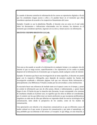 Es cuando el docente centraliza la información de los cursos en repositorios digitales a fin de
que los estudiantes tengan acceso a ellos y lo puedan hacer en el momento que ellos
consideren oportuno de acuerdo a los respectivos lineamientos del curso.

Ejemplo: Cuando se usa la plataforma Moodle, el docente crea un curso en el cual están
todos los documentos e indicaciones relacionadas con los mismos, los alumnos en el
momento que consideran oportuno, ingresan con su clave y tienen acceso a la información.

DISTINTO TIEMPO DISTINTO LUGAR.




Este caso se da cuando se accede a la información en cualquier tiempo y en cualquier sitio de
internet al que se tenga acceso, específicamente a los repositorios en los cuales se puede
disponer de la información en el momento que se requiera, desde cualquier centro de internet.

Ejemplo. Si tenemos que hacer una investigación de un tema específico, el docente nos puede
guiar con la respectiva bibliografía, pero depende de nosotros ampliar las fuentes de
investigación acudiendo a diferentes páginas web que nos ofrezcan dicha información y
principalmente a las Bibliotecas Virtuales creadas por las universidaes u otras instituciones.

Es necesario hacer una referencia de traslado tanto en el espacio como en el tiempo, y poner
en común la información que uno de ellos posee, directa o indirectamente, y quiere hacer
llegar al otro. El hecho de que la situación más frecuente, la que corresponde a los sistemas
de enseñanza situada en el primer caso, no significa que las otras no deban ser consideradas,
por el contario son las que deben tener un interés preferente ya que incorporan problemáticas
singulares en cada una de ellas que deberían ser superadas desde las nuevas tecnologías de la
comunicación, tanto desde la perspectiva de los canales, como de los medios de
comunicación.

Una apreciación con relación a las situaciones comunicativas es que en diferentes casos el
medio cultural en el que ocurre el proceso de comunicación y por tanto el aprendizaje, es
muy probable que sea diferente el del emisor y el receptor, lo que obliga, en esta situación, a
 