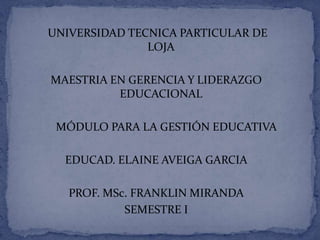 UNIVERSIDAD TECNICA PARTICULAR DE
               LOJA

MAESTRIA EN GERENCIA Y LIDERAZGO
          EDUCACIONAL

 MÓDULO PARA LA GESTIÓN EDUCATIVA

  EDUCAD. ELAINE AVEIGA GARCIA

   PROF. MSc. FRANKLIN MIRANDA
            SEMESTRE I
 