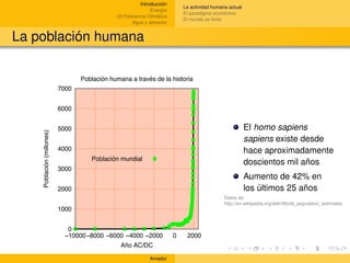 Introducción
                                                                             La actividad humana actual
                                                              Energía
                                                                             El paradigma económico
                                              (In)Tolerancia Climática
                                                                             El mundo es ﬁnito
                                                      Agua y alimento


La población humana

                                  Población humana a través de la historia
                           7000


                           6000


                           5000                                                                           El homo sapiens
    Población (millones)




                                                                                                          sapiens existe desde
                           4000                                                                           hace aproximadamente
                                     Población mundial
                                                                                                          doscientos mil años
                           3000
                                                                                                          Aumento de 42% en
                           2000                                                                           los últimos 25 años
                                                                                               Datos de
                                                                                               http://en.wikipedia.org/wiki/World_population_estimates
                           1000


                              0
                             −10000−8000 −6000 −4000 −2000               0    2000
                                             Año AC/DC
                                                             Amador
 