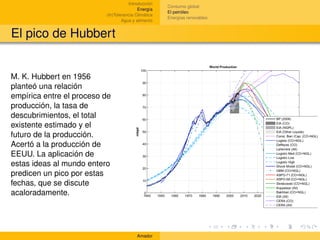 Introducción
                                                     Consumo global
                                          Energía
                                                     El petróleo
                          (In)Tolerancia Climática
                                                     Energías renovables
                                  Agua y alimento


El pico de Hubbert


M. K. Hubbert en 1956
planteó una relación
empírica entre el proceso de
producción, la tasa de
descubrimientos, el total
existente estimado y el
futuro de la producción.
Acertó a la producción de
EEUU. La aplicación de
estas ideas al mundo entero
predicen un pico por estas
fechas, que se discute
acaloradamente.




                                         Amador
 