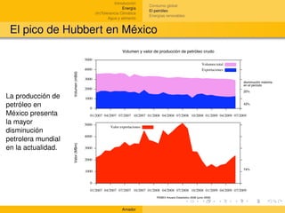 Introducción
                                               Consumo global
                                    Energía
                                               El petróleo
                    (In)Tolerancia Climática
                                               Energías renovables
                            Agua y alimento


 El pico de Hubbert en México




La producción de
petróleo en
México presenta
la mayor
disminución
petrolera mundial
en la actualidad.




                                   Amador
 