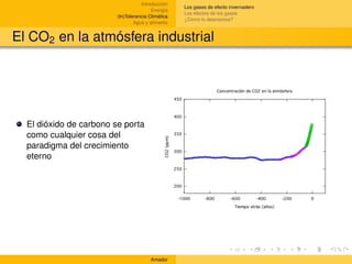 Introducción
                                                    Los gases de efecto invernadero
                                         Energía
                                                    Los efectos de los gases
                         (In)Tolerancia Climática
                                                    ¿Cómo lo detenemos?
                                 Agua y alimento


El CO2 en la atmósfera industrial




  El dióxido de carbono se porta
  como cualquier cosa del
  paradigma del crecimiento
  eterno




                                        Amador
 
