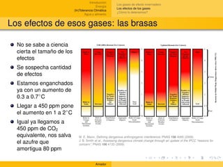 Introducción
                                                          Los gases de efecto invernadero
                                            Energía
                                                          Los efectos de los gases
                            (In)Tolerancia Climática
                                                          ¿Cómo lo detenemos?
                                    Agua y alimento


Los efectos de esos gases: las brasas

  No se sabe a ciencia
  cierta el tamaño de los
  efectos
  Se sospecha cantidad
  de efectos
  Estamos enganchados
  ya con un aumento de
  0.3 a 0.7◦ C
  Llegar a 450 ppm pone
  el aumento en 1 a 2◦ C
  Igual ya llegamos a
  450 ppm de CO2
  equivalente, nos salva       M. E. Mann, Deﬁning dangerous anthropogenic interference, PNAS 106 4065 (2009)
                               J. B. Smith et al., Assessing dangerous climate change through an update of the IPCC “reasons for
  el azufre que                concern”, PNAS 106 4133 (2009)
  amortigua 80 ppm

                                           Amador
 