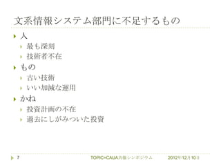 文系情報システム部門に不足するもの
       人
           最も深刻
           技術者不在
       もの
           古い技術
           いい加減な運用
       かね
           投資計画の不在
           過去にしがみついた投資




    7                 TOPIC=CAUA共催シンポジウム   2012年12月10日
 