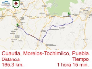 Tochimilco
Cuautla, Morelos-Tochimilco, Puebla
Distancia Tiempo
165.3 km. 1 hora 15 min.
Carretera Federal 160
Cuautla-Izucar de Matamoros
Autopista SigloXXI
 