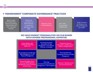 TRANSPARENT ‘CORPORATE GOVERNANCE’
Board consists
of 8 Independent
Directors (including
1WomenDirector)
And 1 Executive
Director
Various sub-
committees of
Board functions
to oversee the
operations of the
Bank
Disclosure
strictly adhered
WE HAVE EMINENT PERSONALITIES ON OUR
WE HAVE EMINENT PERSONALITIES ON OUR
WITH DIVERSE PROFESSIONAL EXPERTISE
Career Banker with
4 Decades of banking
experience
Practicing
Company Secretary,Business
Management, IT & Compliance
Practicing Chartered
Accountant & Risk
Management . FirstWomen
Director of the Bank
Retired IAS Officer,Rural
Economy,MSME, Business
Management,Human resource
and Economics.
Private Equity Fund Manager,
Risk Management, IT and
Treasury Management
TRANSPARENT ‘CORPORATE GOVERNANCE’ PRACTICES
Disclosure norms
strictly adhered to
KYC / AML
Norms strictly
complied with
Code of conduct
for Directors and
Senior Management
put in place
EMINENT PERSONALITIES ON OUR BOARD
EMINENT PERSONALITIES ON OUR BOARD
WITH DIVERSE PROFESSIONAL EXPERTISE
Practicing
Company Secretary,Business
Management, IT & Compliance
Practicing Advocate,
Compliance function and Risk
Management
44
Practicing Chartered
Accountant & Risk
Management . FirstWomen
Director of the Bank
Advocate in Banking Law &
Environmental Activist
Practicing Chartered
Accountant , qualified system
Auditor and Agriculturist
 