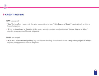 CREDIT RATING
ICRA has assigned
“AA-” for LongTerm - issuers with this rating are considered to
financial obligations.
“A1+-” for Certificate of Deposits (CD) - issuers with this rating
regarding timely payment of financial obligations.
CRISIL has assigned
CRISIL has assigned
“A1+” for Certificate of Deposits (CD) - issuers with this rating
regarding timely payment of financial obligations.
to have “High Degree of Safety” regarding timely servicing of
this rating are considered to have “Strong Degree of Safety”
this rating are considered to have “Very Strong Degree of Safety”
9
 