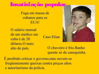 Insatisfação popular 
Fuga em massa de 
cubanos para os 
O salário mensal 
de um médico em 
cuba é de 20 
Caso Elian 
dólares.O mais 
alto do país. O chuveiro é frio.Banho 
EUA! 
quente só de canequinha. 
É proibido criticar o governo,mas ouvem-se 
freqüentemente queixas contra preços altos 
e autoritarismo da polícia. 
 