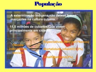 População 
A exterminação indígena não deixou traços 
marcantes na cultura cubana. 
11,5 milhões de cubanos!Que vivem 
principalmente em cidades! 
Ótimos 
indicadores 
sociais 
Expectativas de vida!(76anos) 
Mortalidade infantil!(7,3%) 
Analfabetismo(3%) 
 