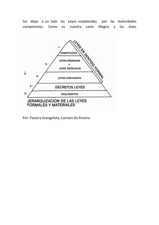 Sin dejar a un lado las Leyes establecidas por las Autoridades
competentes. Como es nuestra carta Magna y las leyes

Por: Pastora Evangelista, Carmen De Pereira

 