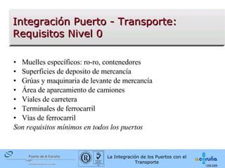 Muelles específicos: ro-ro, contenedores Superficies de deposito de mercancía Grúas y maquinaria de levante de mercancía Área de aparcamiento de camiones Viales de carretera Terminales de ferrocarril Vías de ferrocarril Son requisitos mínimos en todos los puertos Integración Puerto - Transporte:  Requisitos Nivel 0 