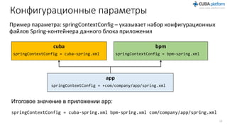 Конфигурационные параметры
Пример параметра: springContextConfig – указывает набор конфигурационных
файлов Spring-контейнера данного блока приложения
cuba
springContextConfig = cuba-spring.xml
bpm
springContextConfig = bpm-spring.xml
app
springContextConfig = +com/company/app/spring.xml
Итоговое значение в приложении app:
springContextConfig = cuba-spring.xml bpm-spring.xml com/company/app/spring.xml
12
 