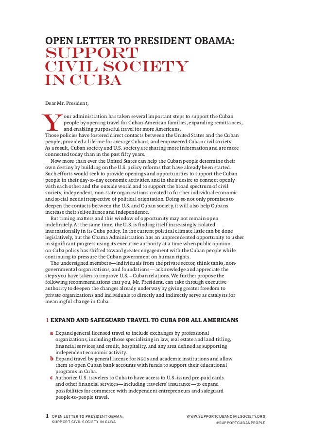 Open Letter to President Obama Support Civil Society in Cuba