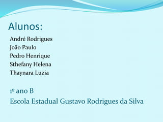 Alunos:
André Rodrigues
João Paulo
Pedro Henrique
Sthefany Helena
Thaynara Luzia
1º ano B
Escola Estadual Gustavo Rodrigues da Silva
 