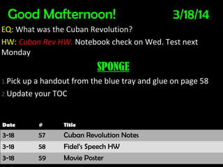 Good Mafternoon! 3/18/14
EQ: What was the Cuban Revolution?
HW: Cuban Rev HW. Notebook check on Wed. Test next
Monday
SPONGE
1.Pick up a handout from the blue tray and glue on page 58
2.Update your TOC
DateDate ## TitleTitle
3-18 57 Cuban Revolution Notes
3-18 58 Fidel’s Speech HW
3-18 59 Movie Poster
 