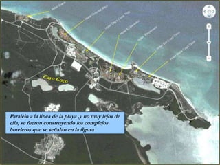 Paralelo a la linea de la playa ,y no muy lejos de
ella, se fueron construyendo los complejos
hoteleros que se señalan en la figura
 