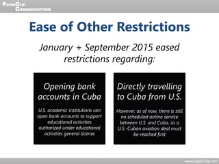 Ease of Other Restrictions
January + September 2015 eased
restrictions regarding:
Opening bank
accounts in Cuba
U.S. academic institutions can
open bank accounts to support
educational activities
authorized under educational
activities general license
Directly travelling
to Cuba from U.S.
2015 regulations no longer
requires U.S. citizens to book
through pre-authorized travel
agencies and travel only on
charter planes
However, as of now, there is still
no scheduled airline service
between U.S. and Cuba, as a
U.S.-Cuban aviation deal must
be reached first
 