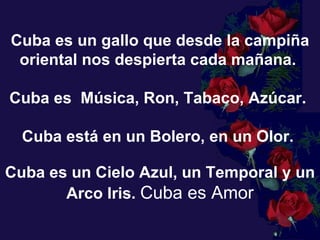 Cuba es un gallo que desde la campiña oriental nos despierta cada mañana.  Cuba es  Música, Ron, Tabaco, Azúcar.  Cuba está en un Bolero, en un Olor.  Cuba es un Cielo Azul, un Temporal y un Arco Iris.     Cuba es Amor 