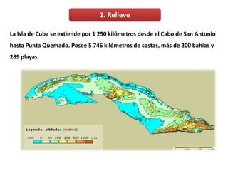 1. Relieve

La Isla de Cuba se extiende por 1 250 kilómetros desde el Cabo de San Antonio
hasta Punta Quemado. Posee 5 746 kilómetros de costas, más de 200 bahías y
289 playas.
 