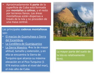 • Aproximadamente ¼ parte de la
  superficie de Cuba está formada
  por montañas y colinas, y el resto
  por terrenos llanos. Las áreas
  montañosas están dispersas a
  través de la Isla y no proceden de
  una masa central.

Las principales cadenas montañosas
son:
• El macizo de Guamuhaya o Sierra
  del Escambray
• La Cordillera de Guaniguanico
• La Sierra Maestra es la de mayor
  altitud, tamaño y extensión, y en     La mayor parte del suelo de
  ella se encuentra la Sierra de        la Isla es relativamente
  Turquino que alcanza su máxima        fértil.
  elevación en el Pico Turquino (1
  974 metros sobre el nivel del mar),
  el más alto de Cuba.
 