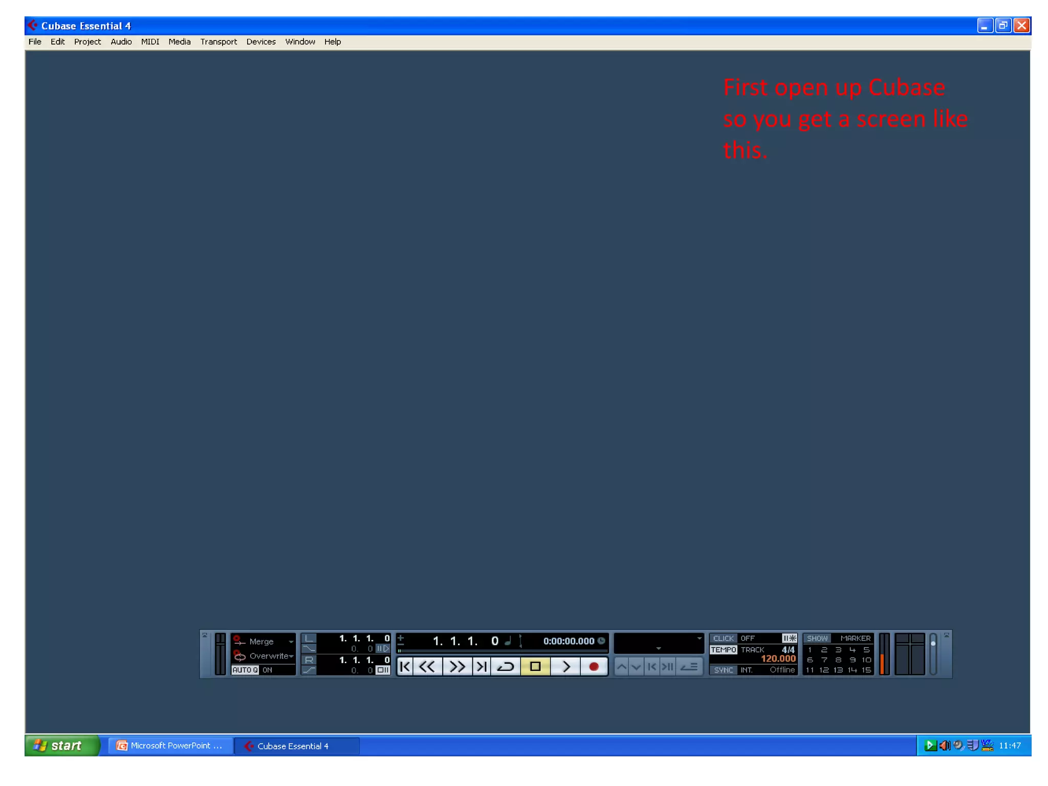 First open up Cubase
so you get a screen like
this.