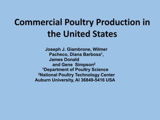 Commercial Poultry Production in
the United States
Joseph J. Giambrone, Wilmer
Pacheco, Diana Barbosa1,
James Donald
and Gene Simpson2
1Department of Poultry Science
2National Poultry Technology Center
Auburn University, Al 36849-5416 USA
 