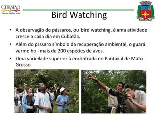 Bird Watching A observação de pássaros, ou  bird watching, é uma atividade cresce a cada dia em Cubatão. Além do pássaro símbolo da recuperação ambiental, o guará vermelho - mais de 200 espécies de aves.  Uma variedade superior à encontrada no Pantanal de Mato Grosso. 
