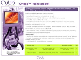 Cyklop™ – fiche produit
                                     Cyklop™ est un ensemble autonome multimédia (audio/vidéo/image/wifi) intégré à son
                                     écran LCD (± 5 Kg) fixé à son support spécifique.


                                    Contenu écran Cyklop™ 2 formats : vidéo ou PowerPoint.

                                      Convertir vos films au format avi (codec Divx), son mp3.
                                      Résolution des écrans 640*480 (4:3) ; format vidéo en 16/9ième nous consulter
                                      Format PPT : document PPT ou PPT animé
                                      Les contenus doivent etre envoyer sur notre serveur FTP (la procédure vous sera communiquée)

                                    Interactivité /entertainment (En option)

                                      Cytouch , Playstation, Wii, Photos « live on screen », Réalité augmentée, Love test , Who’s on screen….

                                    Personnalisation des écrans et des tenues Cyklop™ :
                                      Marquage écrans Cyklop : la création est à votre charge (le gabarit vous sera fourni sous format .ai )
                                      Nous prenons en charge l’impression et la pose
                                    Tenues Cyklop™ :
                                      Tenues à nous fournir ou sur devis (préciser si vous souhaitez récupérer les tenues à l’issu de l’opération)
                                      En cas de marquage, préciser : taille, typo, emplacements, fournir les éléments graphiques : logo,
                                    image en format HD (ai, eps)
                                      Un échange de BAT validera le GO pour marquage



                                       Éléments à fournir                              Format                                Spécificications techniques        Délai


                                    Contenu multimedia en vidéo           Vidéo : avi (codec Divx) Son : mp3            Envoi du contenu par FTP (procédure     J-15
                                          ou PowerPoint                      PowerPoint simple ou animé                        fournie par Cübb)

•Dépôt de Brevet N° 0409016
                                       Covering Écran (option)    Gabarit .ai à nous fournir (modèle fourni par Cübb)   Impression et pose réalisées par Cübb    J-7
•Patent Pending N° PCT/FR05/01862
•Marque Communautaire Cyklop™
    N° 004386611
 