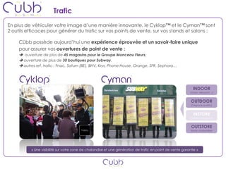 Trafic
En plus de véhiculer votre image d’une manière innovante, le Cyklop™ et le Cyman™ sont
2 outils efficaces pour générer du trafic sur vos points de vente, sur vos stands et salons :

     Cübb possède aujourd’hui une expérience éprouvée et un savoir-faire unique
     pour assurer vos ouvertures de point de vente :
      ouverture de plus de 45 magasins pour le Groupe Monceau Fleurs,
      ouverture de plus de 30 boutiques pour Subway,
      autres ref. trafic : Fnac, Saturn (BE), BHV, Krys, Phone House, Orange, SFR, Sephora…




                                                                                                               INDOOR
                                                                                                             (Gare, Aéroport…)


                                                                                                             OUTDOOR
                                                                                                             (l’espace public)


                                                                                                               INSTORE
                                                                                                             (intérieur magasin)


                                                                                                             OUTSTORE
                                                                                                             (zone chalandise)




            « Une visibilité sur votre zone de chalandise et une génération de trafic en point de vente garantie »
 