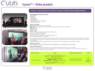 Cyvan™ – fiche produit Cyvan™ c’est la puissance du Cyklop™ associé au premier véhicule digital interactif Caractéristiques techniques Digivan Formats supportés PDF  ( Doit être sauvegardé en haute résolution ) Power Point  (.ppt)  l'écran est en16:9  les powerpoints d oivent être modifiés en conséquence  JPEG  slide-shows Flash SWF  et  FLV Videos / DVD Non compressé AVI (Préféré), MPEG4, MPEG3, MPEG2, MPG Audio: non compressé, Stéréo, 48KHz Proportion d’aspect: 16:9 (1.422) Résolution Vidéo : Non-Square Pixel Media (Video): 720 x 576 Square Pixel Media (Flash etc.): 1024 x 576 Nous pouvons accepter des fichiers d'illustration originaux de  Photoshop, Illustrator et Fireworks.  Des services de Production Complets sont disponibles à la demande .  N'importe quelles Images ou logos envoyés pour des services de production doivent être  en CMYK et au moins 300dpi+ Toute l'illustration devra être envoyée à Cübb au moins 15jours avant la campagne pour  être testée et validée  .. . Options (sur devis) Live TV Broadcast , Jeux vidéos, Bluetooth Push MKT, Reporting GPS,  Covering partiel  ou Full Covering Tenues hôtes/Hôtesses :  Tenues à nous fournir ou sur devis (préciser si vous souhaitez récupérer les tenues à l’issu de l’opération) En cas de marquage, préciser : taille, typo, emplacements, fournir les éléments graphiques : logo, image en format HD (ai, eps)  Un échange de BAT validera le GO pour marquage  •  Ecran tactile  •  Bluetooth •  Internet 3G •  live broadcast. •  Tracking GPS •  Jeux vidéos : Wii, Xbox, Playstation •  Mesure d’audience Éléments à fournir  Format Spécificications techniques Délai Contenu multimedia PDF, PPT, JPEG, Flash SWF et FLV Vidéo  ( Non compressé AVI (Préféré), MPEG4, MPEG3, MPEG2, MPG ) Audio : non compressé, Stéréo, 48KHz Proportion d’aspect : 16:9 (1.422) Résolution Vidéo  : Non-Square Pixel Media (Video): 720 x 576 Square Pixel Media  (Flash etc.): 1024 x 576 Envoi du contenu par FTP (procédure fournie par Cübb)  J-15 (Sauf applications spécifiques)  