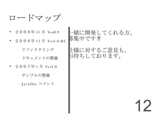 ロードマップ ２００６年 11 月  Ver0.9 ２００６年 12 月  Ver1.0-RC リファクタリング ドキュメントの整備 ２００７年 1 月  Ver1.0 サンプルの整備 JavaDoc コメント 一緒に開発してくれる方、 募集中です !! 仕様に対するご意見も、 お待ちしております。 
