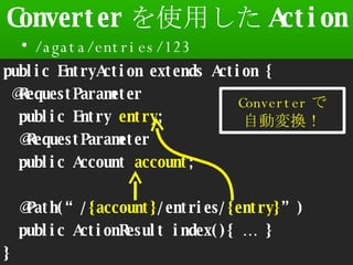 Converter ʹä Action /agata/entries/123 Seasar Conference 2008 Autumn public EntryAction extends Action { @RequestParameter public Entry  entry ; @RequestParameter public Account  account ; @Path(/ {account} /entries/ {entry} ) public ActionResult index(){  } } Converter  ԄӉQ 