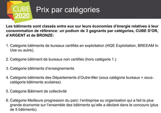 Prix par catégories
Les bâtiments sont classés entre eux sur leurs économies d’énergie relatives à leur
consommation de référence: un podium de 3 gagnants par catégories, CUBE D’OR,
d’ARGENT et de BRONZE:
1. Catégorie bâtiments de bureaux certifiés en exploitation (HQE Exploitation, BREEAM In
Use ou autre),
2. Catégorie bâtiment de bureaux non certifiés (hors catégorie 1.)
3. Catégorie bâtiments d’enseignements

4. Catégorie bâtiments des Départements d’Outre-Mer (sous catégorie bureaux + souscatégorie bâtiments scolaires)
5. Catégorie Bâtiment de collectivité

6. Catégorie Meilleure progression du parc: l’entreprise ou organisation qui a fait la plus
grande économie sur l’ensemble des bâtiments qu’elle a déclaré dans le concours (plus
de 5 bâtiments).

 