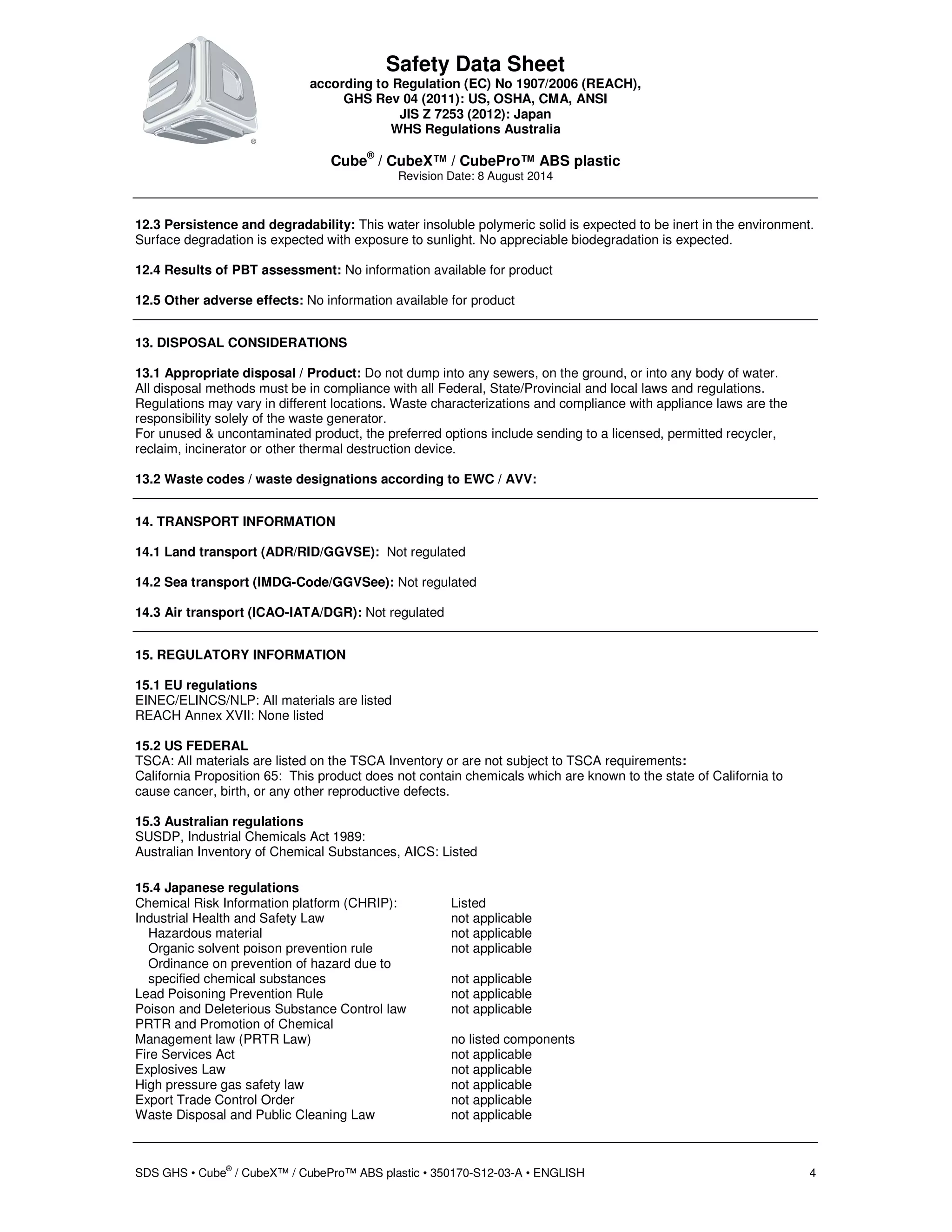 Msds Kit MSDS about the ABS plastic consumable for Cube, CubeX and CubePro | PDF