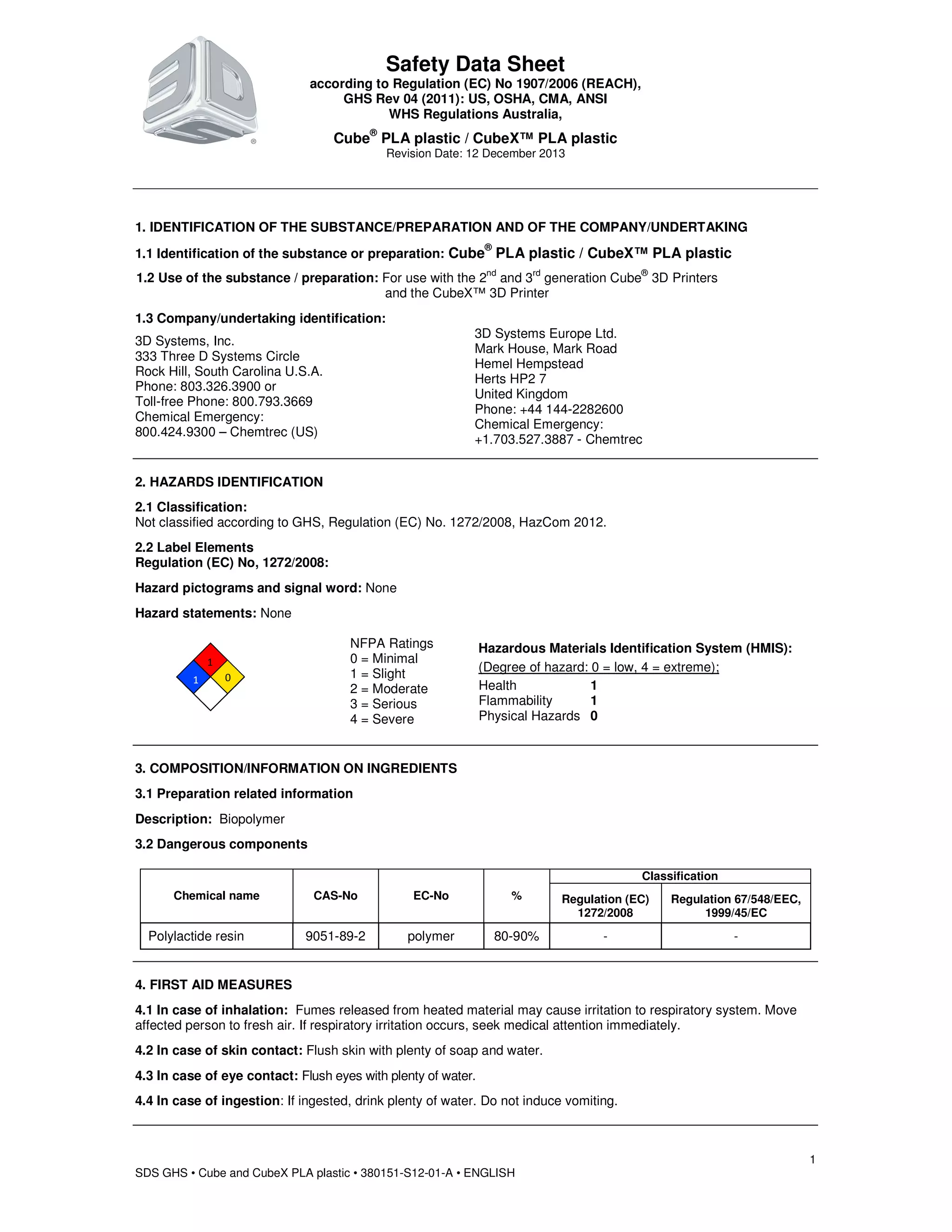 MSDS about the PLA plastic consumable for Cube and CubeX | PDF
