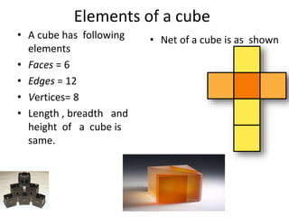 Elements of a cube
• A cube has following
elements
• Faces = 6
• Edges = 12
• Vertices= 8
• Length , breadth and
height of a cube is
same.
• Net of a cube is as shown
 