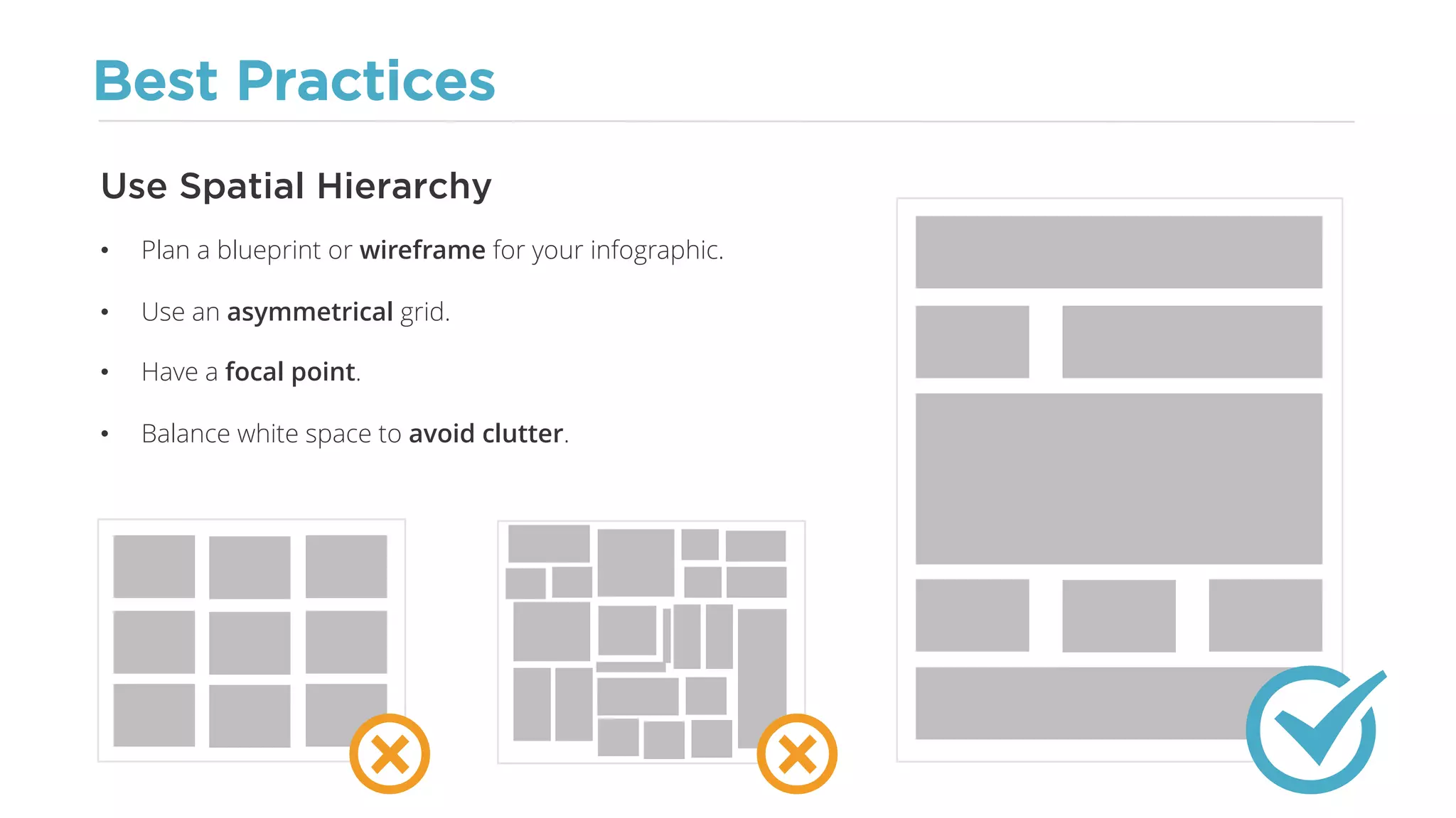 Best Practices
• Plan a blueprint or wireframe for your infographic.
• Use an asymmetrical grid.
• Have a focal point.
• Balance white space to avoid clutter.
Use Spatial Hierarchy
 