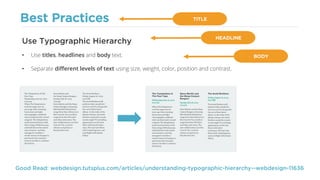 Best Practices
• Use titles, headlines and body text.
• Separate different levels of text using size, weight, color, position and contrast.
Use Typographic Hierarchy
Good Read: webdesign.tutsplus.com/articles/understanding-typographic-hierarchy--webdesign-11636
TITLE
HEADLINE
BODY
 
