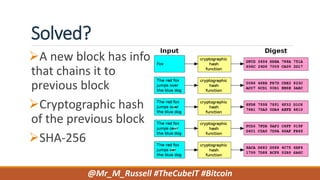 Solved?
A new block has info
that chains it to
previous block
Cryptographic hash
of the previous block
SHA-256
@Mr_M_Russell #TheCubeIT #Bitcoin
 