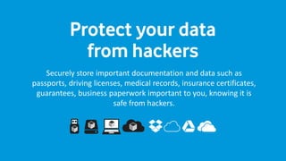 Securely store important documentation and data such as
passports, driving licenses, medical records, insurance certificates,
guarantees, business paperwork important to you, knowing it is
safe from hackers.
 