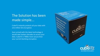 The Solution has been
made simple...
CubeiTz instantly protects all your data with
one million bit encryption.
Even armed with the latest technology it
would take hackers decades to access your
data. CubeiTz is 7000x more secure than
your current banking encryption.
 