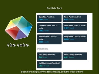 Our Rate Card
Book here: https://www.desktimeapp.com/the-cube-athens
 