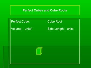 Perfect Cubes and Cube Roots

Perfect Cube:

Cube Root

Volume: units3

Side Length: units

 
