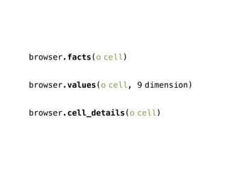 browser.facts(o cell)


browser.values(o cell, 9 dimension)


browser.cell_details(o cell)
 
