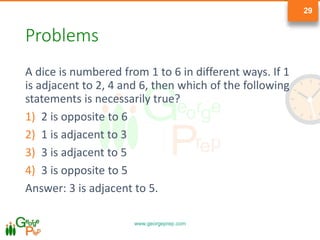 www.georgeprep.com
29
Problems
A dice is numbered from 1 to 6 in different ways. If 1
is adjacent to 2, 4 and 6, then which of the following
statements is necessarily true?
1) 2 is opposite to 6
2) 1 is adjacent to 3
3) 3 is adjacent to 5
4) 3 is opposite to 5
Answer: 3 is adjacent to 5.
 