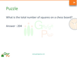 www.georgeprep.com
34
Puzzle
What is the total number of squares on a chess board?
Answer : 204
 